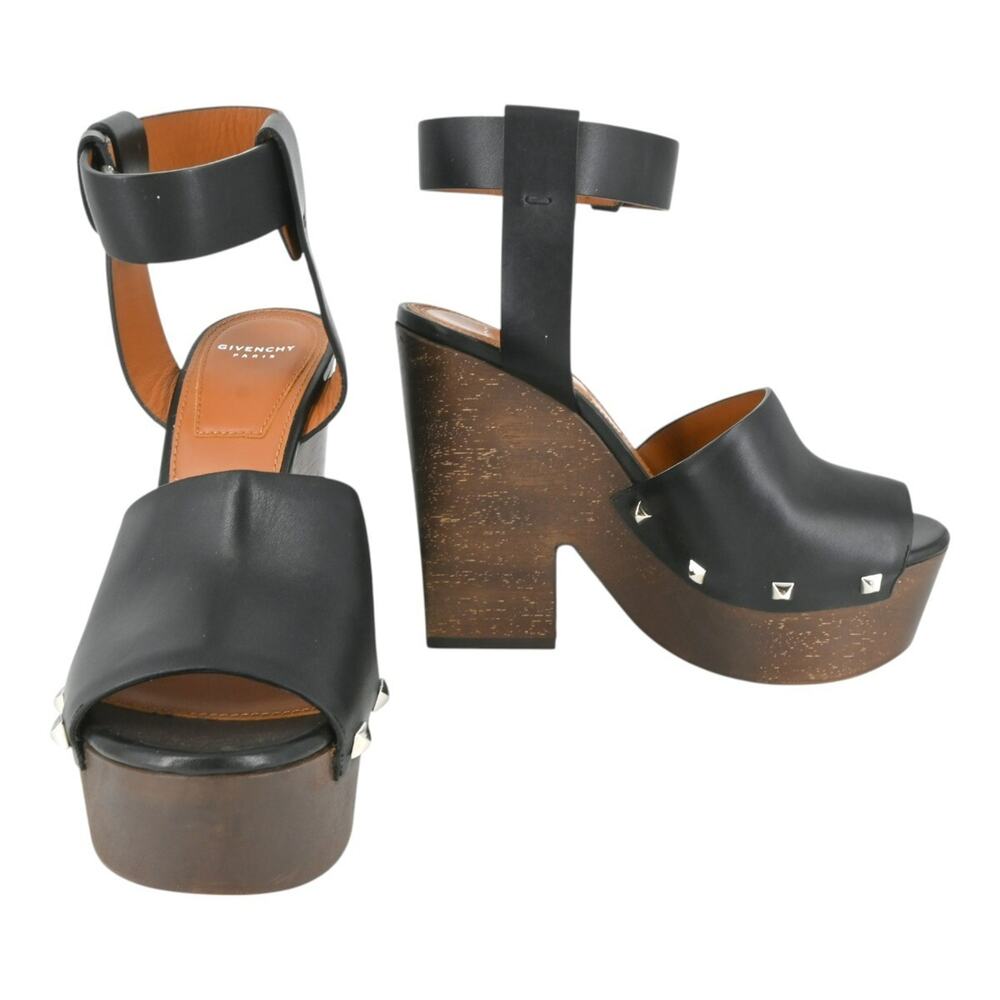 Givenchy Sofia Black Studded Leather Wood Platform Clog Sandals Size 37